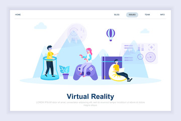 Virtual augmented reality glasses modern flat design concept. Entertaining and people concept. Landing page template. Conceptual flat vector illustration for web page, website and mobile website.