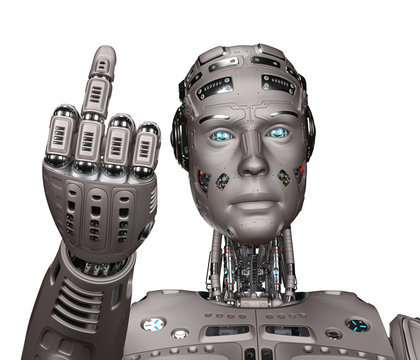 3D Render of futuristic robot man showing ''fuck you'' gesture. Isolated on white background.