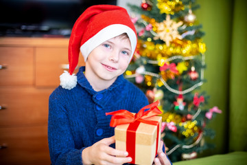 Fototapeta na wymiar The boy in the hat of Santa Claus to the Christmas tree