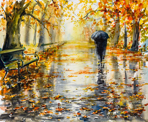 Park in rainy autumn day. Picture created with watercolors.