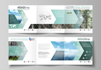 Templates for tri fold square design brochures. Leaflet cover, vector layout. Colorful background made of triangular or hexagonal texture, travel business, natural landscape, polygonal style.