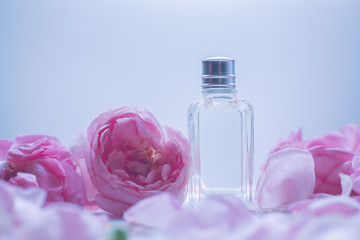 Obraz na płótnie Canvas Pink perfume bottle with flowers on light background.