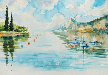 View of  Lake Garda and mountains in the background (Italy).Picture created with watercolors.