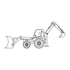 Construction backhoe vehicle in black and white