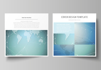 The minimalistic vector illustration of the editable layout of two square format covers design templates for brochure, flyer, magazine. Chemistry pattern, connecting lines and dots. Medical concept.