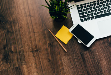 on a wooden box is a laptop, a green plant in a pot, a white smartphone