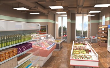 shop, grocery store, interior visualization, 3D illustration