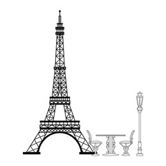 Fototapeta na wymiar Vintage table and chair on eiffel tower in black and white