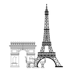 Vintage table and chair on eiffel tower in black and white