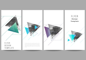 The minimalistic vector illustration of the editable layout of flyer, banner design templates. Colorful polygonal background with triangles with modern memphis pattern.