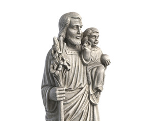 3D illustration of statue of Old Jesus and Baby Jesus on white background.