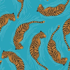 Tiger in the water. Seamless pattern with a floating tiger