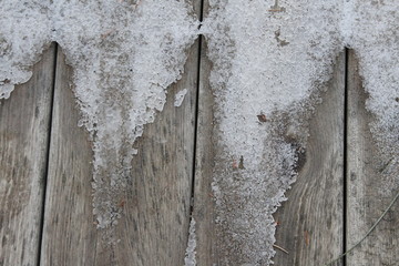 ice covered weathered wood in winter