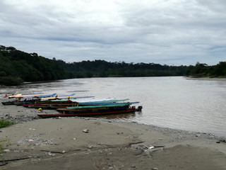 Fototapeta na wymiar Rio Napo in Ecuador, piroghe per la navigazione