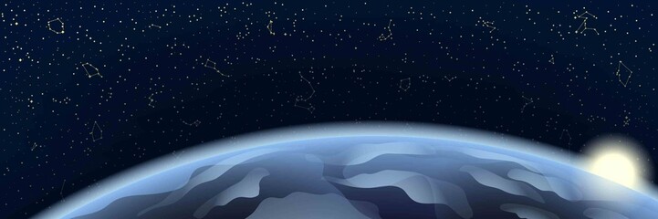 Obraz na płótnie Canvas Sky Map of Hemisphere with Earth and Sunrise. Constellations on Night Dark Background. Raster. 3D Illustration
