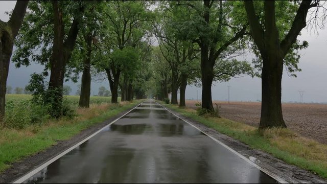 Point of view footage of wet road in Europe.