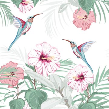 Tropical vintage hibiscus plumeria floral green palm leaves, ficus and Colibri bird seamless pattern white background. Exotic wallpaper. abstract aloha background beach beautiful bird blossom botanica
