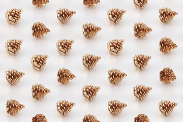 Minimal Christmas pattern. Golden pine cones on white background. 3D rendering.