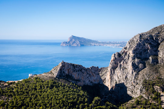 Panoramic view of Castillo del Mascarat in Calpe, Altea, Sierra Helada Natural Park, Benidorm. Costa Blanca nature.