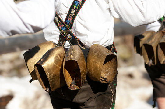 Germany, Bavaria, Mittenwald, traditional carnival procession, bell stirrer, bells