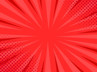 Fototapeta premium Retro comic pop art red background with stripes and halftone dots. Classic vintage cartoon style. Vector illustration