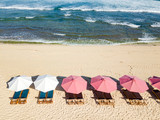 Indonesia, Bali, Aerial view of Balangan beach, sunloungers and beach umbrellas