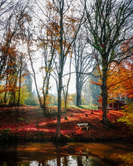 White Bridge near lake in fall close to Castle Spielfeld, Austria