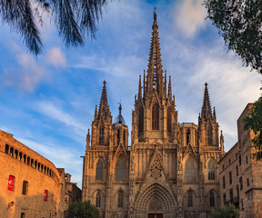 View of the gothic Cathedral of the Holy Cross and Saint Eulalia, or Barcelona Cathedral, seat of the Archbishop of Barcelona, Spain at sunset