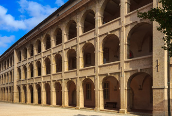 Perspective of the arcaded galleries in the courtyard of the cultural center of historic hospital Centre de la Vieille Charité or Center of the Old Charity in Marseille, France