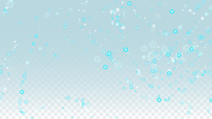 Christmas  Vector Background with Blue Falling Snowflakes Isolated on Transparent Background. Realistic Snow Sparkle Pattern. Snowfall Overlay Print. Winter Sky. Design for Party Invitation.