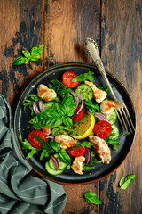 Vegetable salad with fried chicken.Top view with copy space.