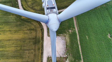 Aerial view about a wind turbine near Kisigmand, Hungary