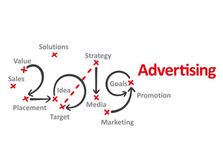 Advertising New Year 2019 word cloud red marks white background vector