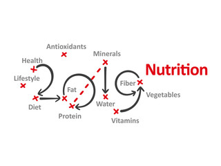 Nutrition New Year 2019 word cloud red marks white background vector
