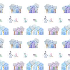 seamless pattern with winter houses and snowmen with colored pencils