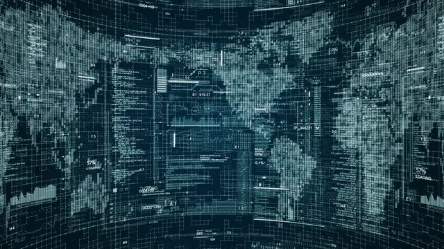World map and technological HUD elements.Seamless loop rotating animation.Futuristic heads up display with code text and infographic elements.Green.