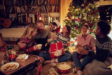 smiling frineds together by Christmas tree