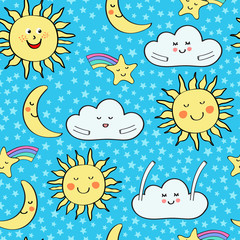 Fototapeta premium Seamless vector repeating pattern with happy clouds, sun and moon in blue and yellow. Surface design for baby, kids, sleepwear, nursery, pajamas, bedding projects.
