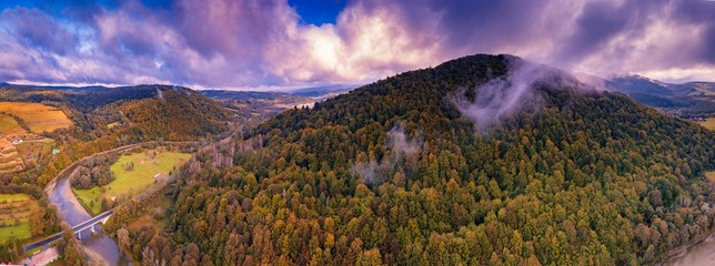 Beautiful Bieszczady mountains and village view photographed from drone