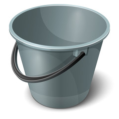 Gray plastic empty bucket with black handle. Tank for storage and transfer of water, for cleaning and washing surfaces, cars. Isolated on white background. EPS10 vector illustration. © Yana