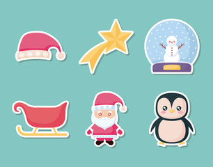 santa claus with set icons of christmas