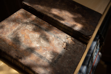 Old Christian manuscript written in Cyrillic on church pulpit.