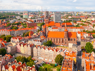 Residential houses in Old Town of Gdansk. Aerial view from cathedral tower, Poland