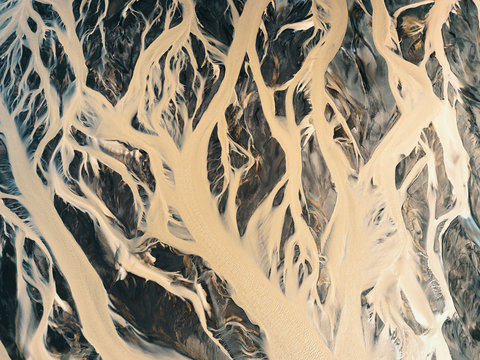 Aerial view on glacier rivers in Iceland XI