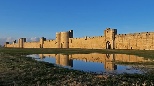 Aigues Mortes, Gard, Occitanie, France. South side ramparts after the rain