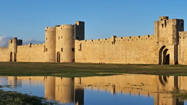 Aigues Mortes, Gard, Occitanie, France. South side ramparts after the rain