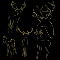golden silhouettes of wild animals deer on a black background