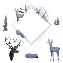 Watercolor diamond frame with deer and deer set