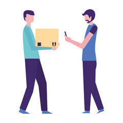 delivery man with box and man using mobile