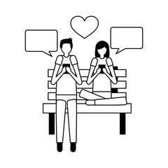 couple using mobile in the bench park